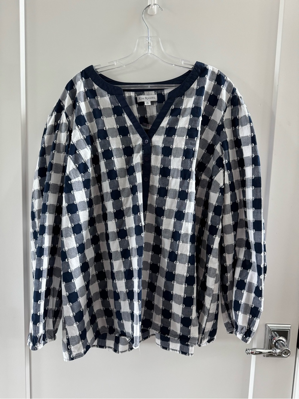 Kim Rogers Navy and White Checkered Button V-Neck Blouse